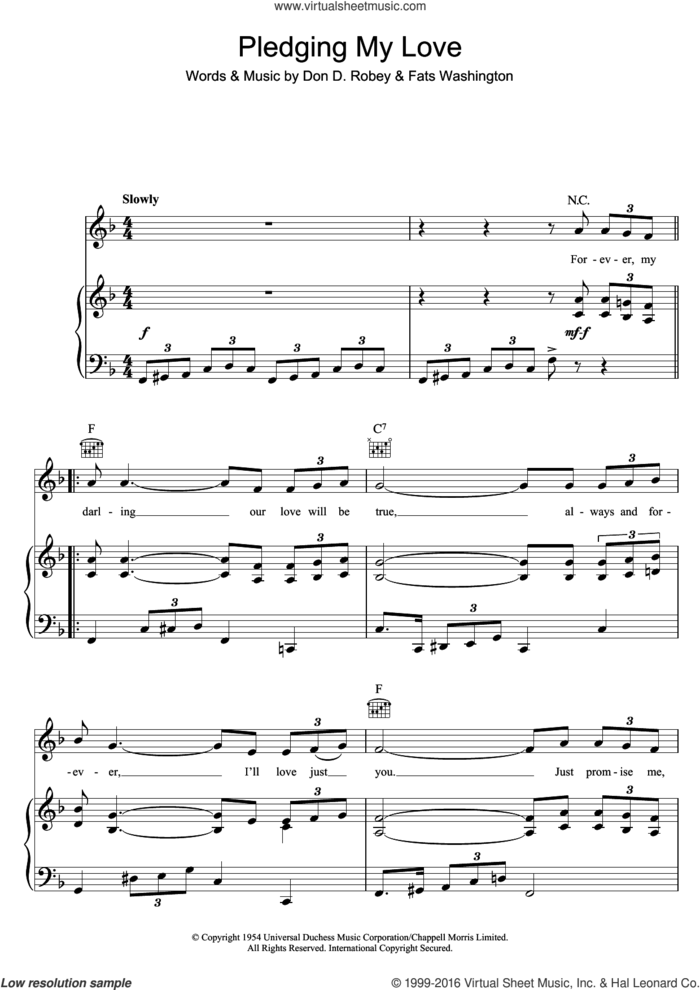 Pledging My Love sheet music for voice, piano or guitar by Elvis Presley, Don D. Robey and Fats Washington, intermediate skill level