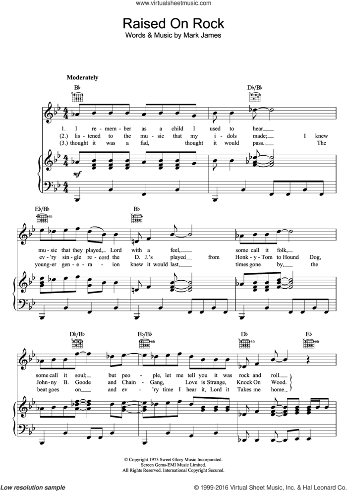 Raised On Rock sheet music for voice, piano or guitar by Elvis Presley and Mark James, intermediate skill level