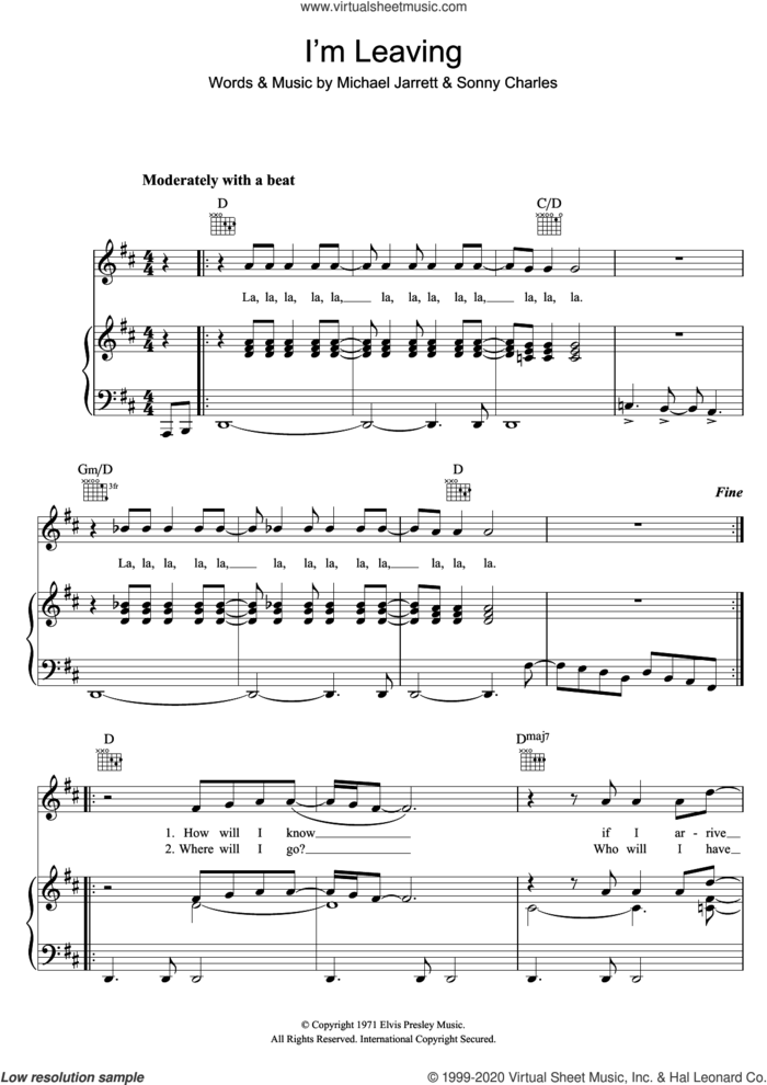 I'm Leaving sheet music for voice, piano or guitar by Elvis Presley, Michael Jarrett and Sonny Charles, intermediate skill level