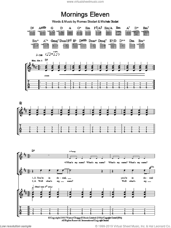 Mornings Eleven sheet music for guitar (tablature) by The Magic Numbers and Romeo Stodart, intermediate skill level