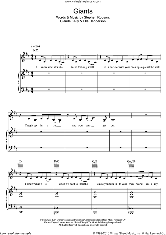 Giants sheet music for voice, piano or guitar by Ella Henderson, Claude Kelly and Steve Robson, intermediate skill level