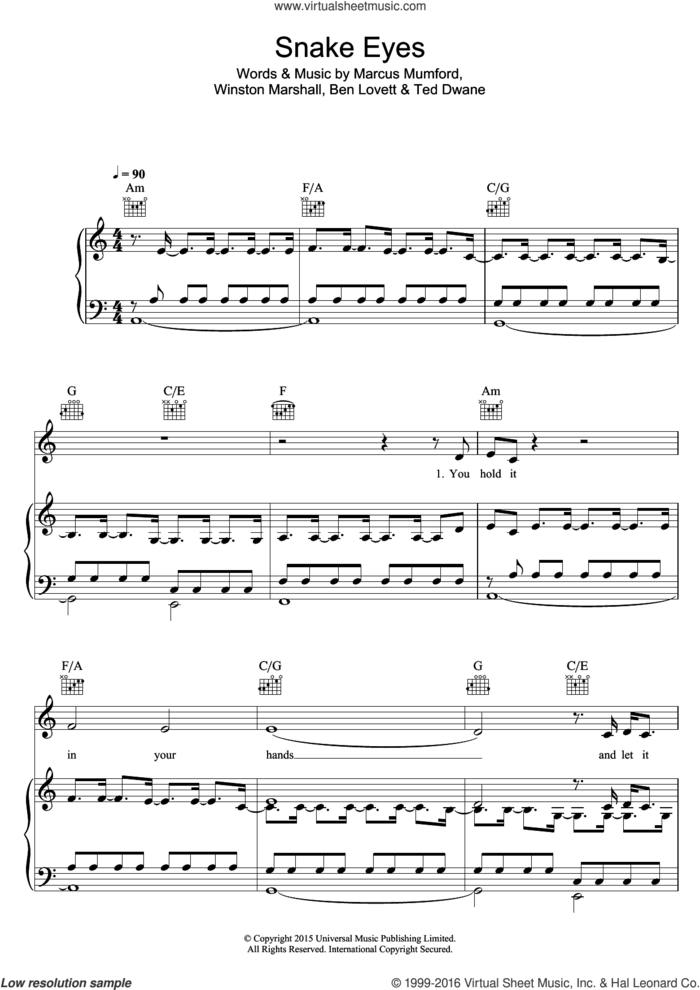 Snake Eyes sheet music for voice, piano or guitar by Mumford & Sons, Ben Lovett, Marcus Mumford, Ted Dwane and Winston Marshall, intermediate skill level