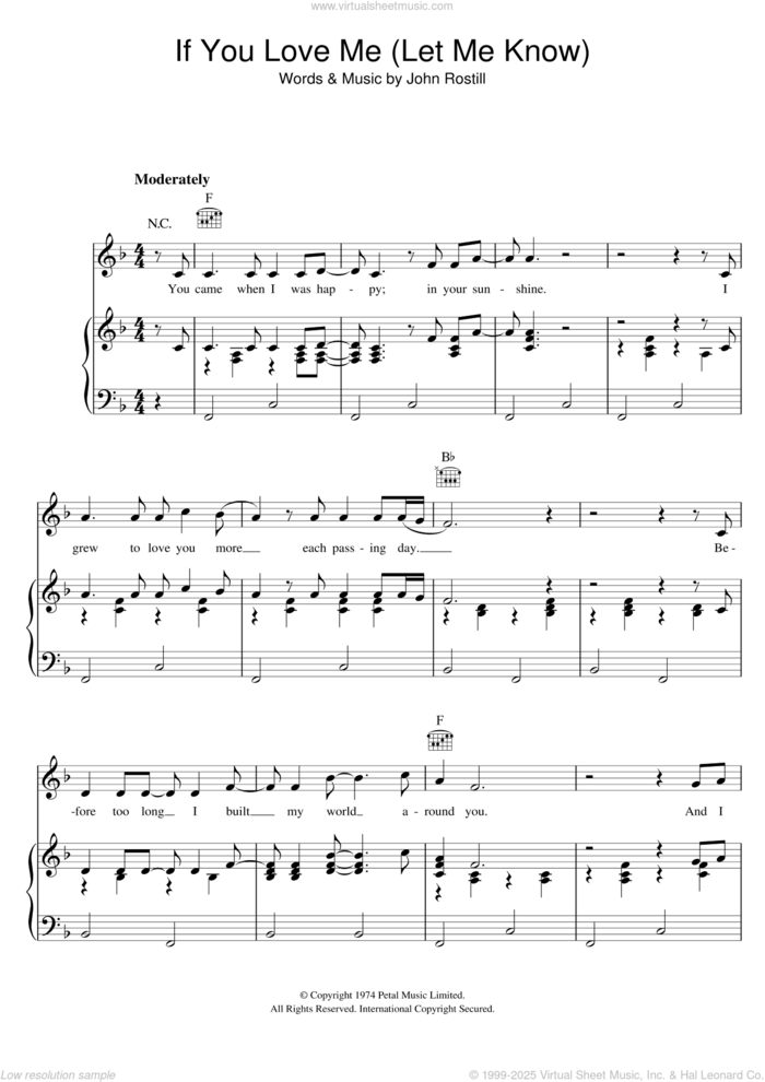 If You Love Me (Let Me Know) sheet music for voice, piano or guitar by Olivia Newton-John, Elvis Presley and John Rostill, intermediate skill level