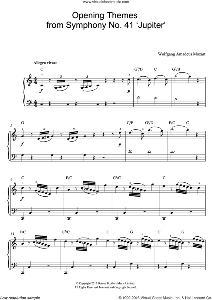 Opening Themes from Symphony No. 41 'Jupiter' sheet music for voice, piano or guitar by Wolfgang Amadeus Mozart, classical score, intermediate skill level