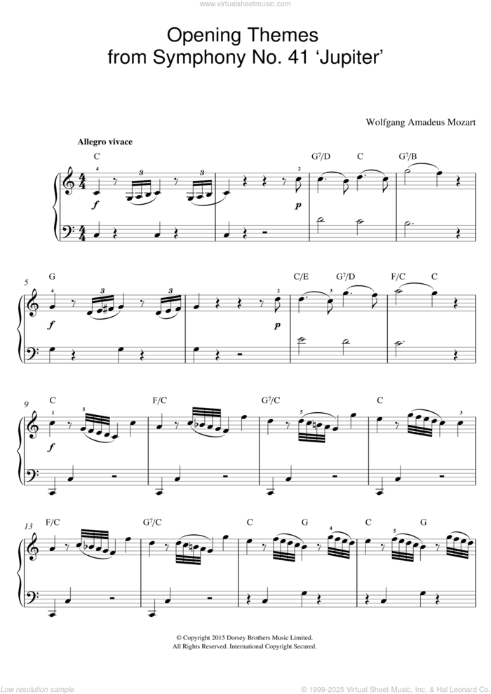 Opening Themes from Symphony No. 41 'Jupiter' sheet music for voice, piano or guitar by Wolfgang Amadeus Mozart, classical score, intermediate skill level