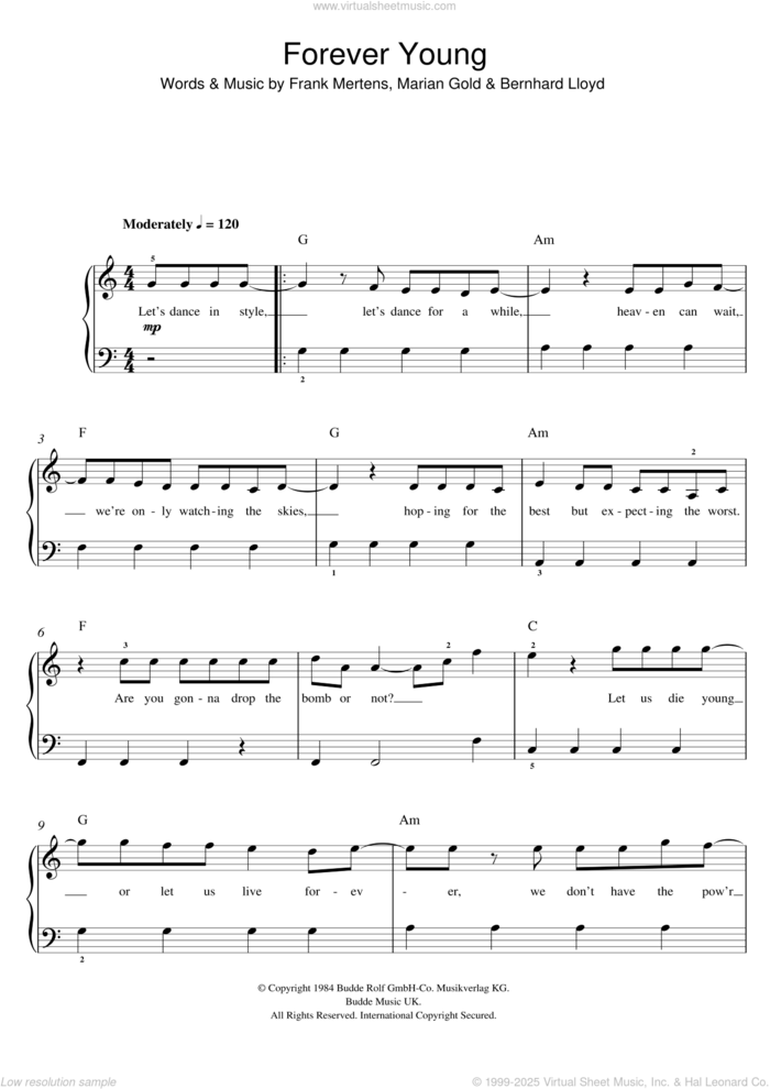 Forever Young sheet music for voice, piano or guitar by One Direction, Alphaville, Bernhard Lloyd, Frank Mertens and Marian Gold, intermediate skill level