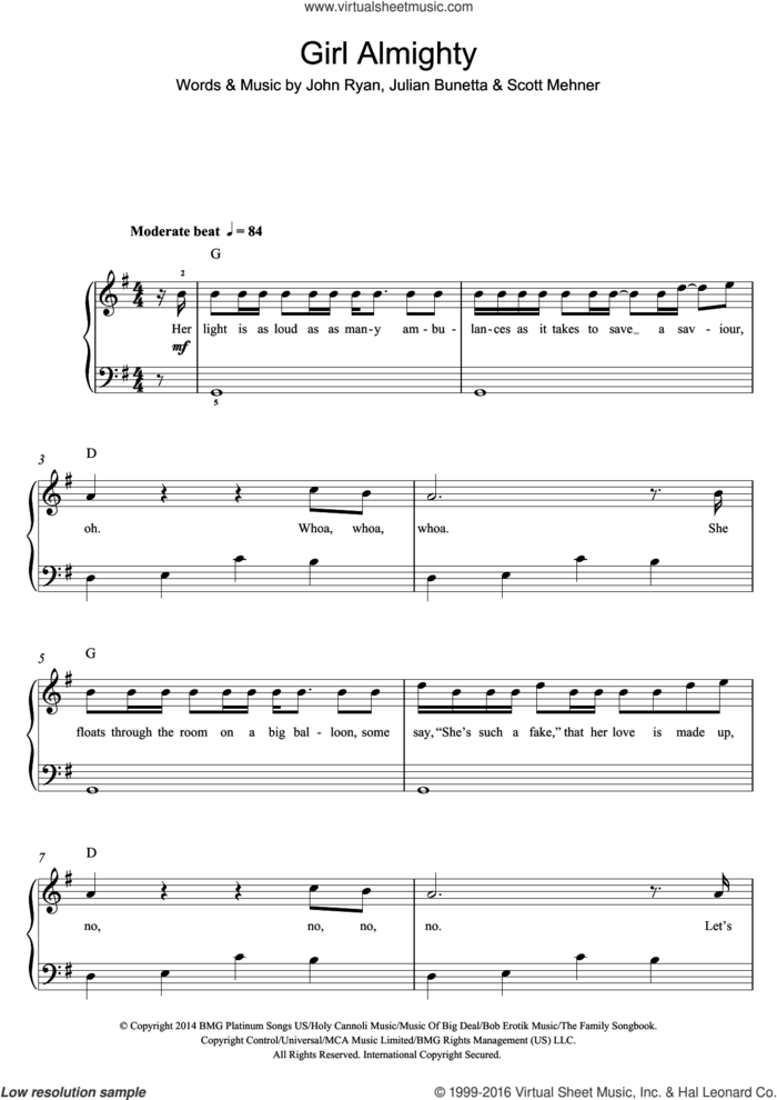Girl Almighty sheet music for voice, piano or guitar by One Direction, John Ryan, Julian Bunetta and Scott Mehner, intermediate skill level