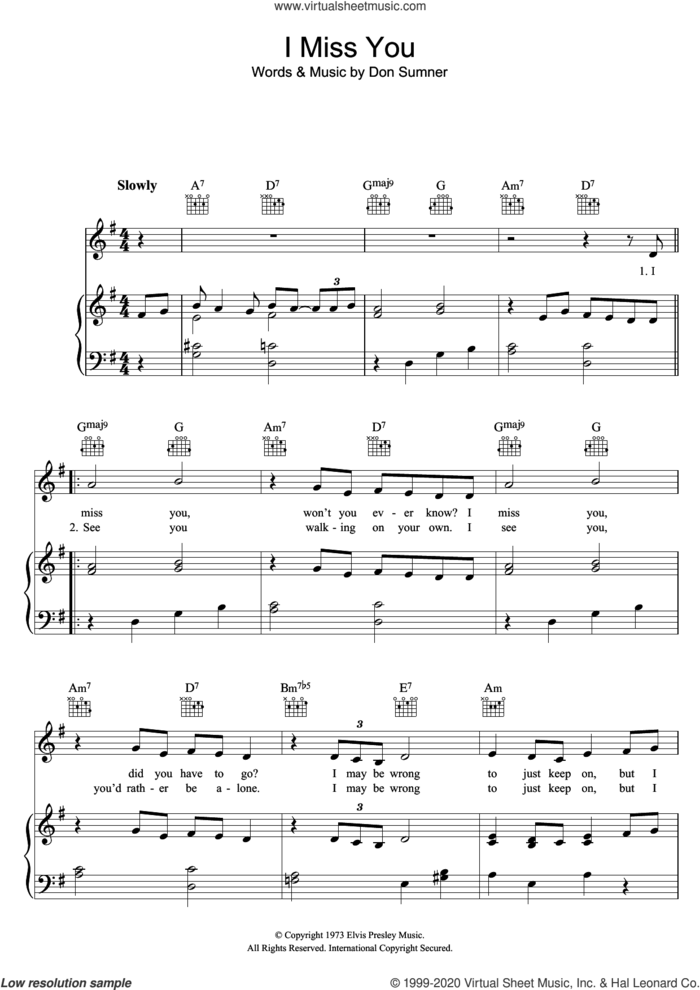 I Miss You sheet music for voice, piano or guitar by Elvis Presley and Don Sumner, intermediate skill level