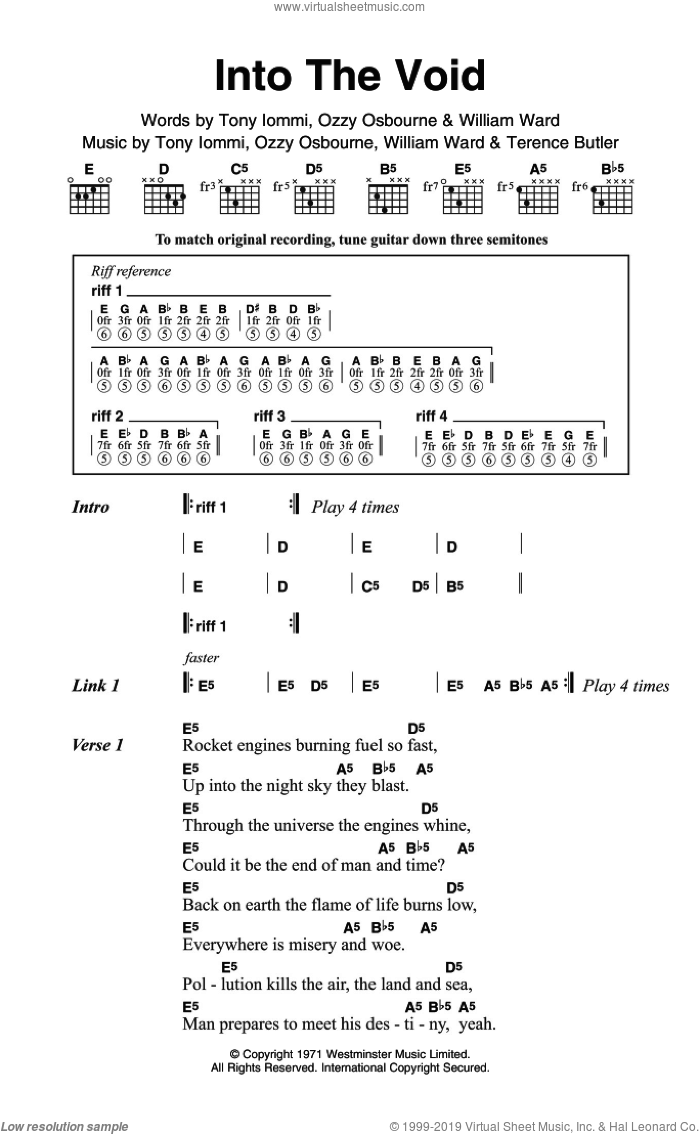 Into The Void sheet music for guitar (chords) by Black Sabbath, Ozzy Osbourne, Terrence Butler, Tony Iommi and William Ward, intermediate skill level