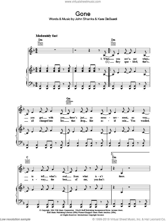 Gone sheet music for voice, piano or guitar by Kelly Clarkson, John Shanks and Kara DioGuardi, intermediate skill level