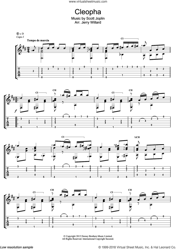 Cleopha sheet music for guitar (tablature) by Scott Joplin, intermediate skill level