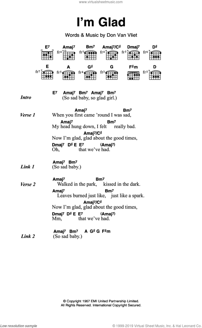 I'm Glad sheet music for guitar (chords) by Captain Beefheart and Don Van Vliet, intermediate skill level