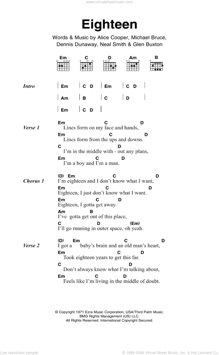 Eighteen sheet music for guitar (chords) by Alice Cooper, Dennis Dunaway, Glen Buxton, Michael Bruce and Neal Smith, intermediate skill level