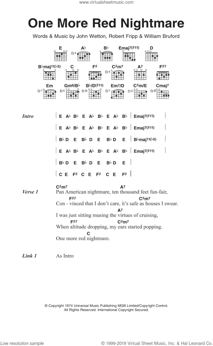 One More Red Nightmare sheet music for guitar (chords) by King Crimson, John Wetton, Robert Fripp and William Bruford, intermediate skill level