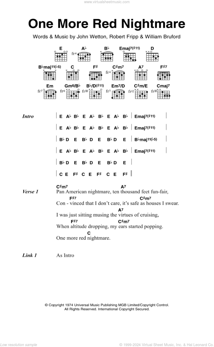 One More Red Nightmare sheet music for guitar (chords) by King Crimson, John Wetton, Robert Fripp and William Bruford, intermediate skill level