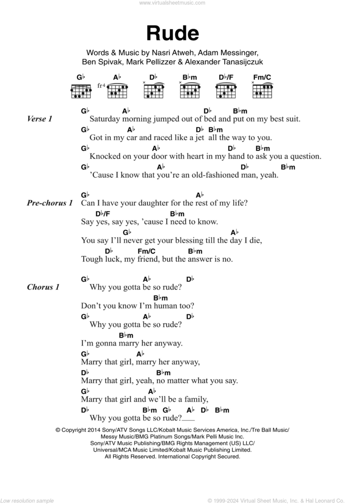 Rude sheet music for guitar (chords) by MAGIC!, Adam Messinger, Alexander Tanasijczuk, Ben Spivak, Mark Pellizzer and Nasri Atweh, intermediate skill level