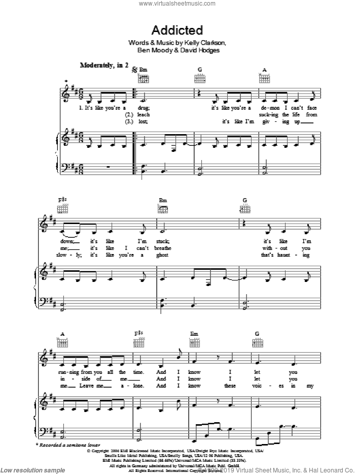 Addicted sheet music for voice, piano or guitar by Kelly Clarkson and David Hodges, intermediate skill level