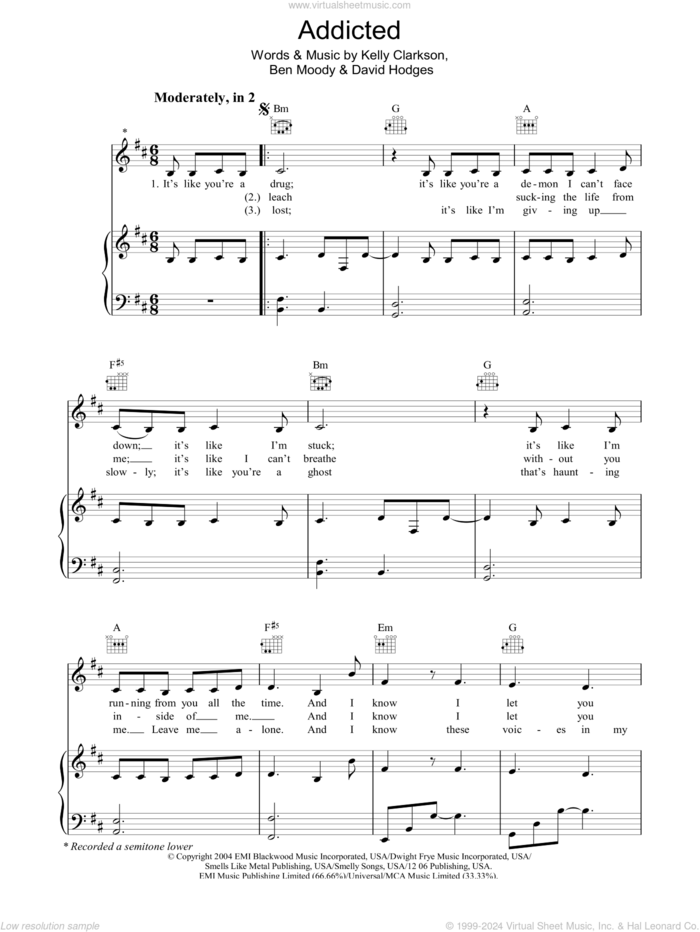 Addicted sheet music for voice, piano or guitar by Kelly Clarkson and David Hodges, intermediate skill level