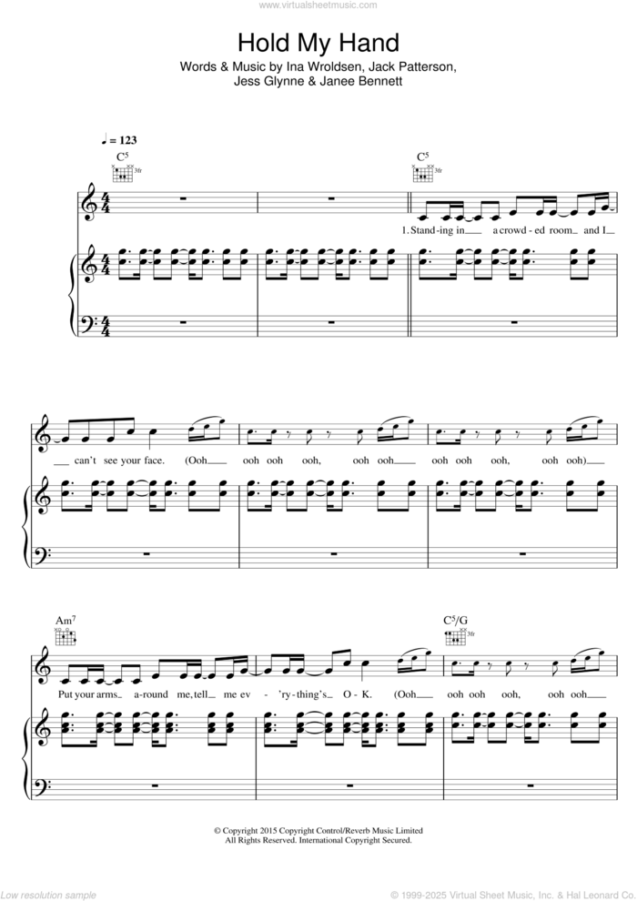 Hold My Hand sheet music for voice, piano or guitar by Jess Glynne, Ina Wroldsen, Jack Patterson and Janee Bennett, intermediate skill level