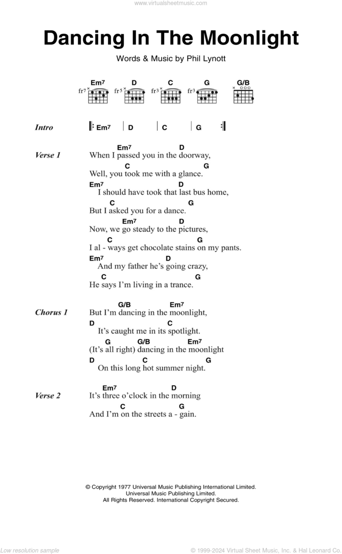 Dancing In The Moonlight sheet music for guitar (chords) by Thin Lizzy and Phil Lynott, intermediate skill level