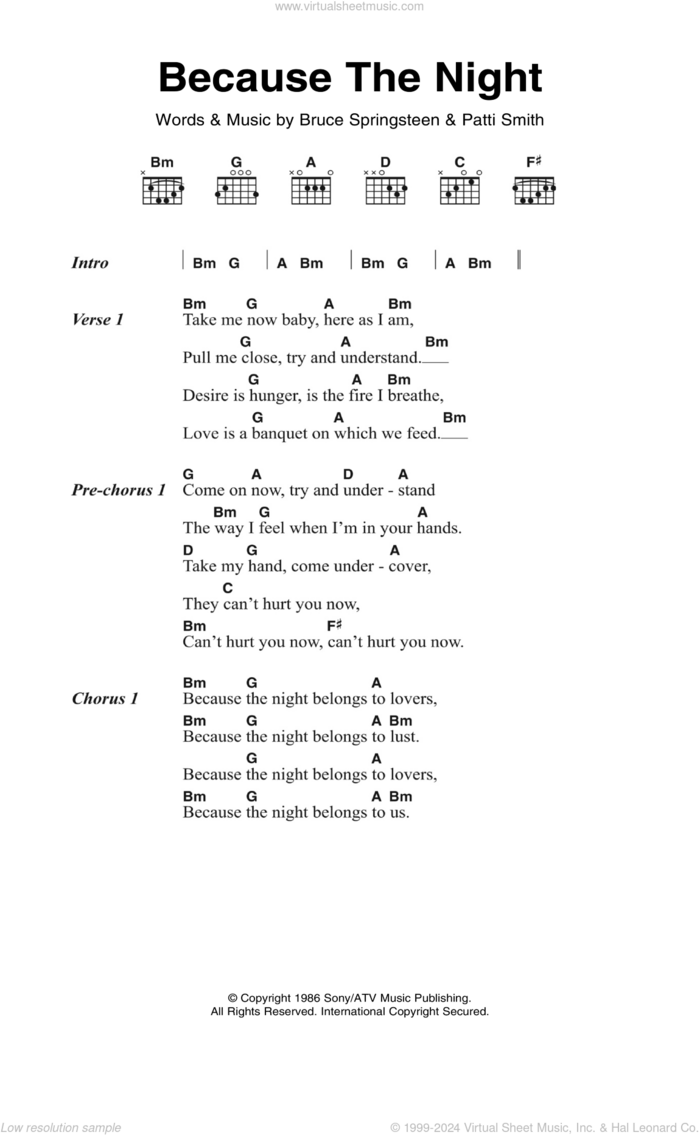 Because The Night sheet music for guitar (chords) by Patti Smith and Bruce Springsteen, intermediate skill level