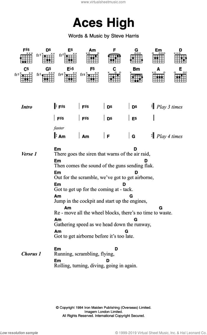 Aces High sheet music for guitar (chords) by Iron Maiden and Steve Harris, intermediate skill level