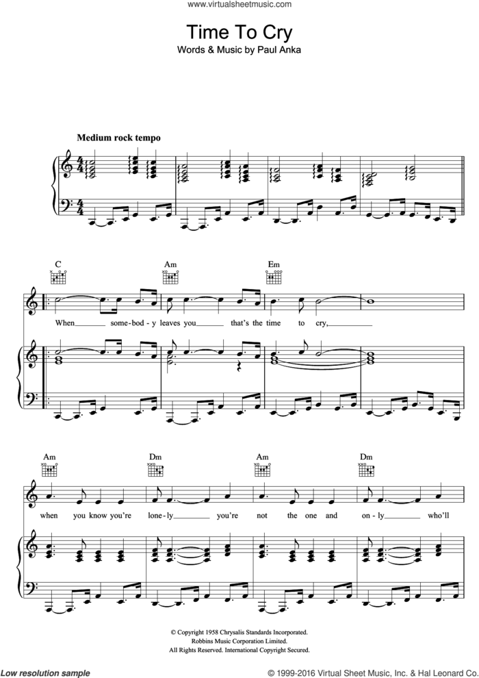 Time To Cry sheet music for voice, piano or guitar by Paul Anka, intermediate skill level