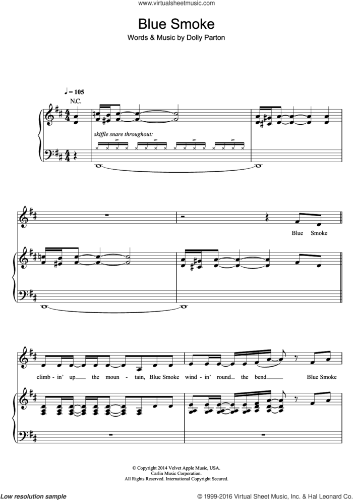 Blue Smoke sheet music for voice, piano or guitar by Dolly Parton, intermediate skill level