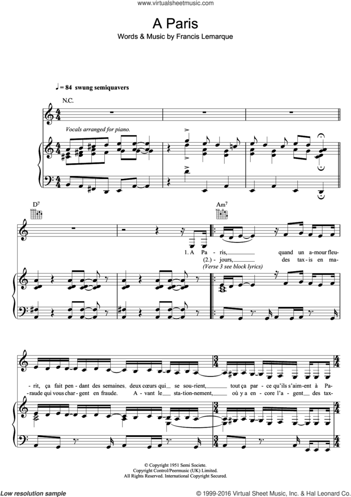 A Paris sheet music for voice, piano or guitar by Zaz and Francis Lemarque, intermediate skill level