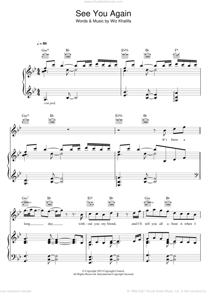 See You Again (featuring Charlie Puth) sheet music for voice, piano or guitar by Wiz Khalifa and Charlie Puth, intermediate skill level