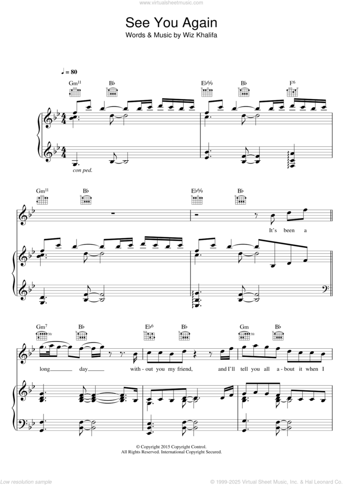 See You Again (featuring Charlie Puth) sheet music for voice, piano or guitar by Wiz Khalifa and Charlie Puth, intermediate skill level