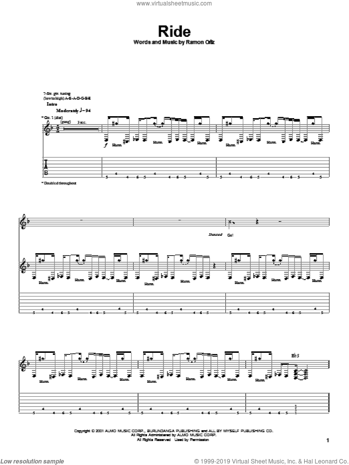 Ride sheet music for guitar (tablature) by Puya and Ramon Ortiz, intermediate skill level