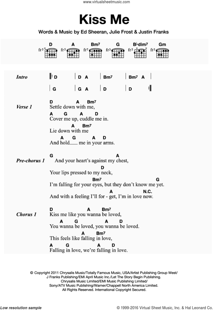 Kiss Me sheet music for guitar (chords) by Ed Sheeran, Julie Frost and Justin Franks, intermediate skill level