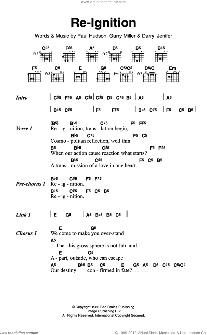 Re-Ignition sheet music for guitar (chords) by Bad Brains, Darryl Jenifer, Garry Miller and Paul Hudson, intermediate skill level