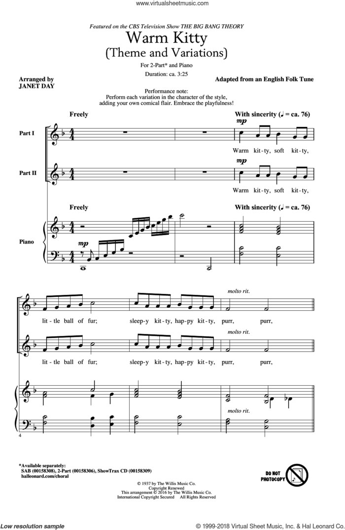 Warm Kitty (arr. Janet Day) sheet music for choir (2-Part) by Edith Newlin, Janet Day, English Folk Tune, English Folk Tune (adapted) and Laura Pendleton MacCarteney, intermediate duet