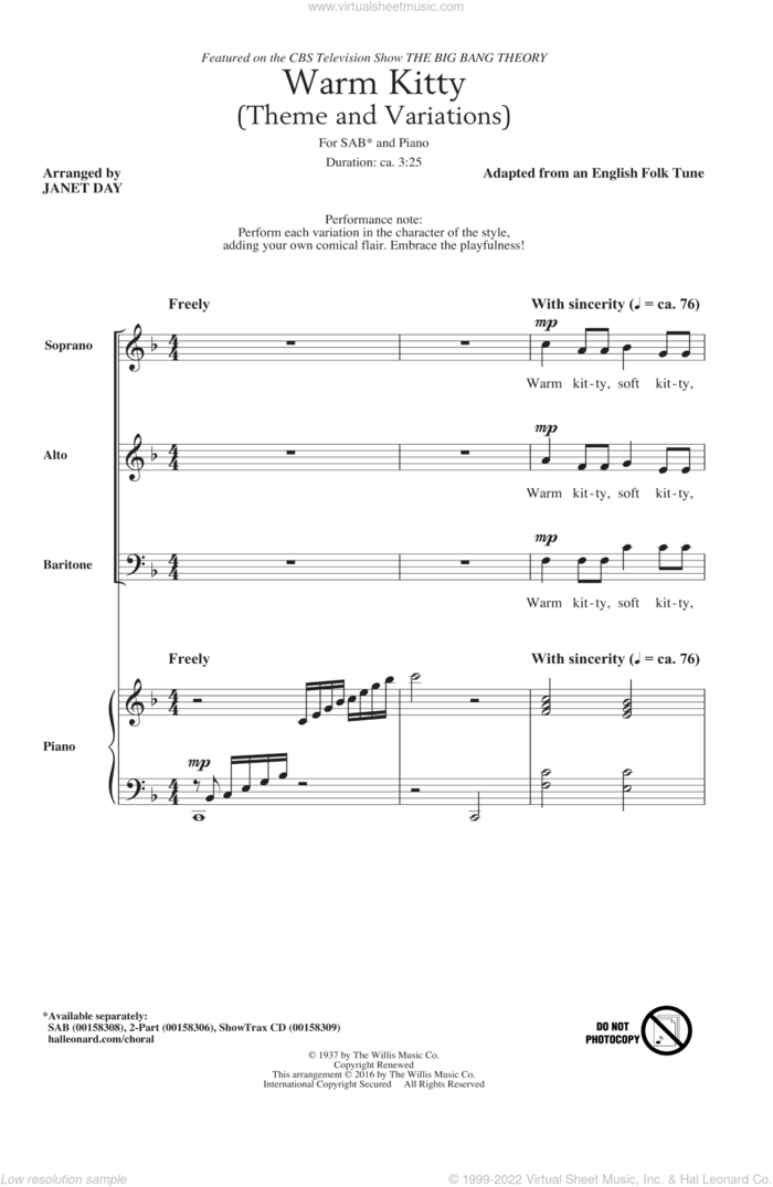 Warm Kitty (arr. Janet Day) sheet music for choir (SAB: soprano, alto, bass) by Edith Newlin, Janet Day, English Folk Tune, English Folk Tune (adapted) and Laura Pendleton MacCarteney, intermediate skill level
