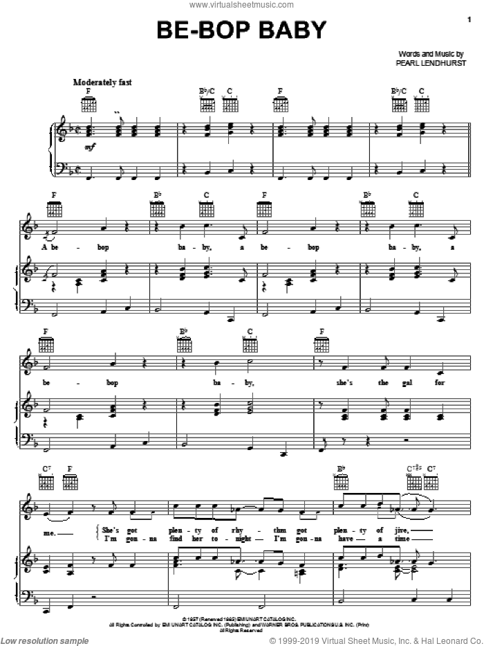 Be-Bop Baby sheet music for voice, piano or guitar by Ricky Nelson and Pearl Lendhurst, intermediate skill level