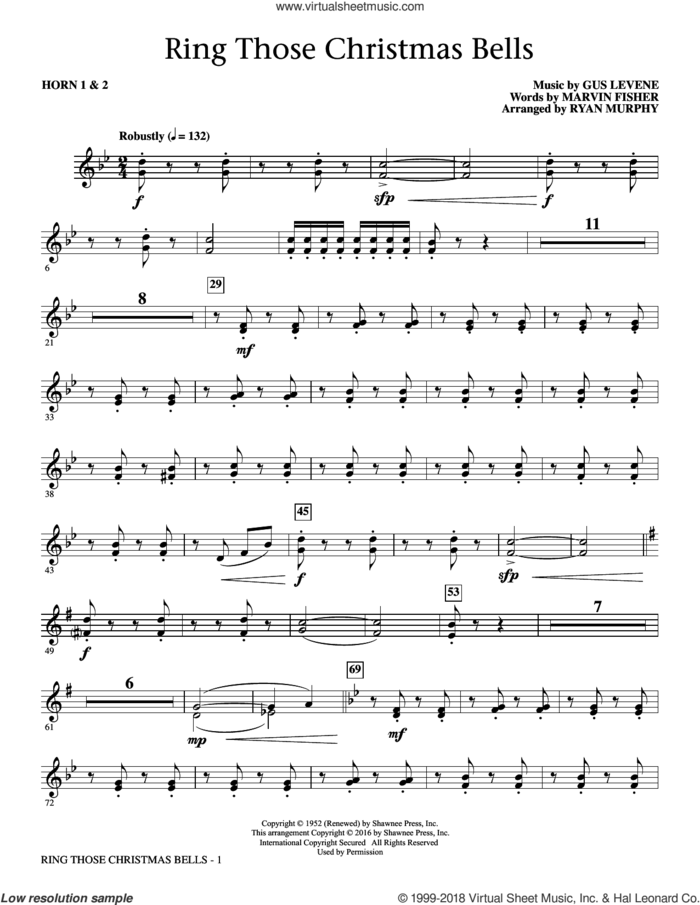 Ring Those Christmas Bells sheet music for orchestra/band (f horn 1 and 2) by Marvin Fisher, Ryan Murphy, Peggy Lee and Gus Levene, intermediate skill level