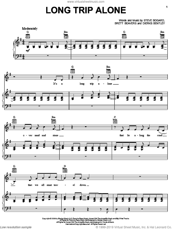 Long Trip Alone sheet music for voice, piano or guitar by Dierks Bentley, Brett Beavers and Steve Bogard, intermediate skill level
