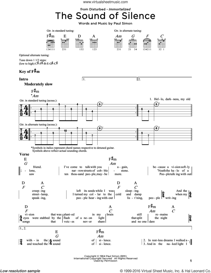The Sound Of Silence sheet music for guitar solo (lead sheet) by Disturbed, Simon & Garfunkel and Paul Simon, intermediate guitar (lead sheet)