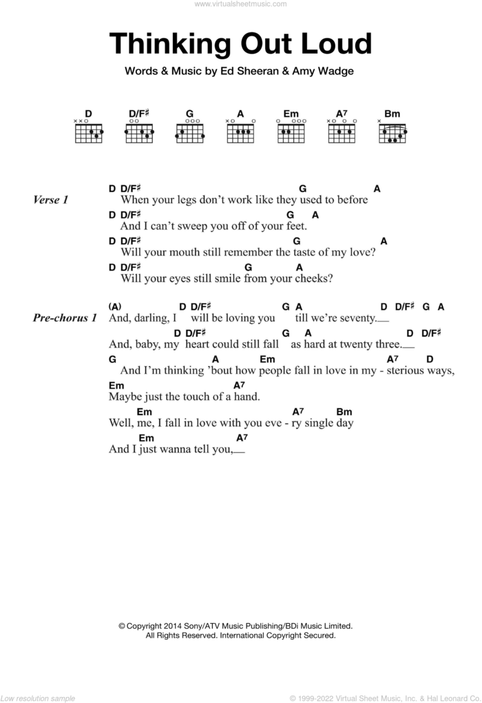 Thinking Out Loud sheet music for guitar (chords) by Ed Sheeran and Amy Wadge, wedding score, intermediate skill level