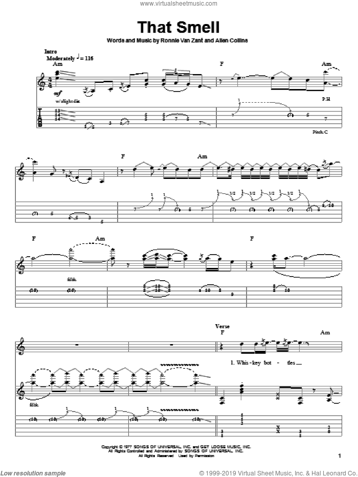 That Smell sheet music for guitar (tablature, play-along) by Lynyrd Skynyrd, Allen Collins and Ronnie Van Zant, intermediate skill level