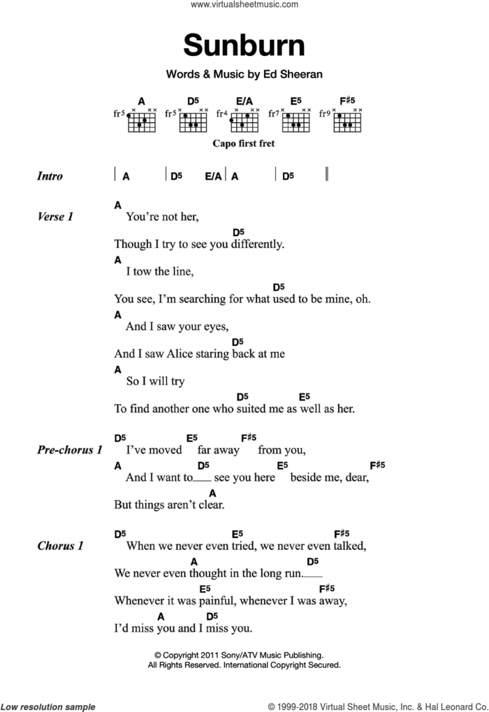 Sunburn sheet music for guitar (chords) by Ed Sheeran, intermediate skill level