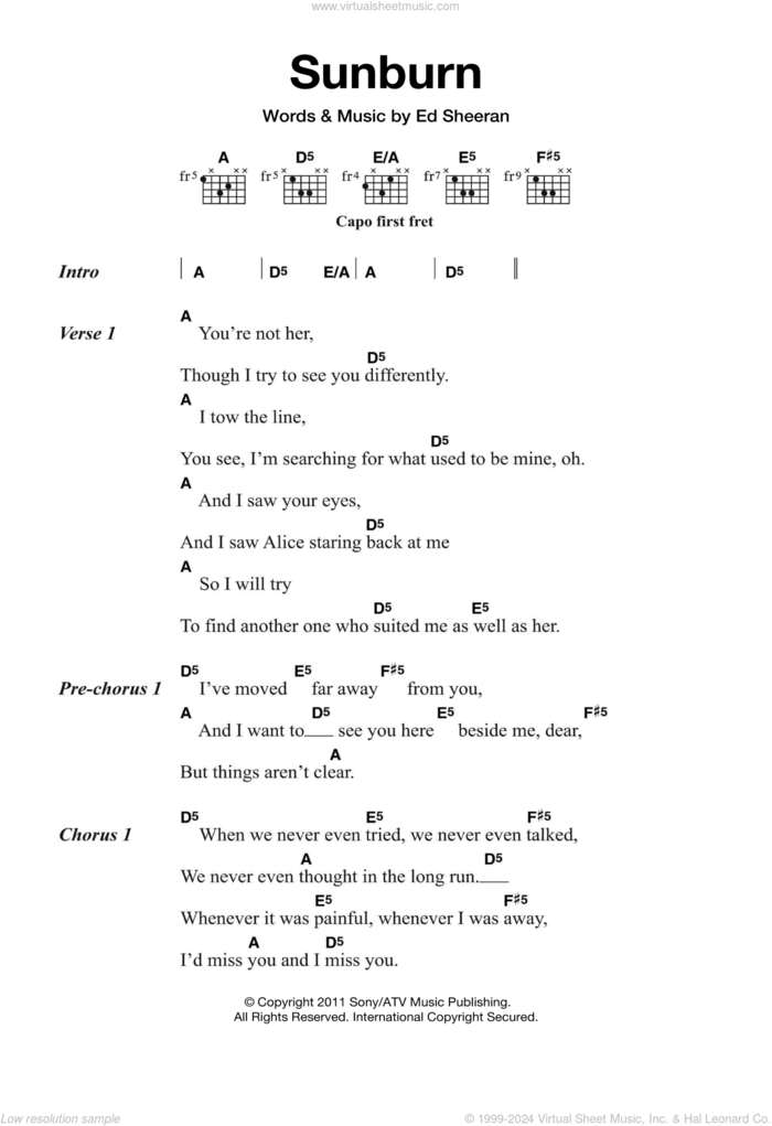 Sunburn sheet music for guitar (chords) by Ed Sheeran, intermediate skill level