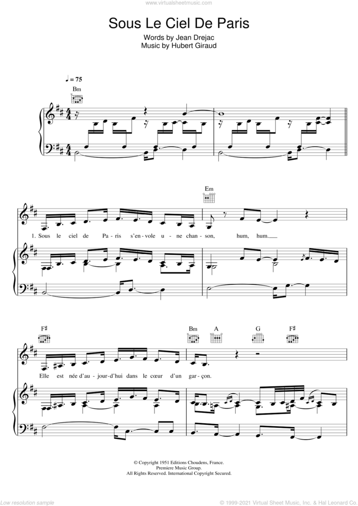 Sous Le Ciel De Paris sheet music for voice, piano or guitar by Zaz, Hubert Giraud and Jean Drejac, intermediate skill level