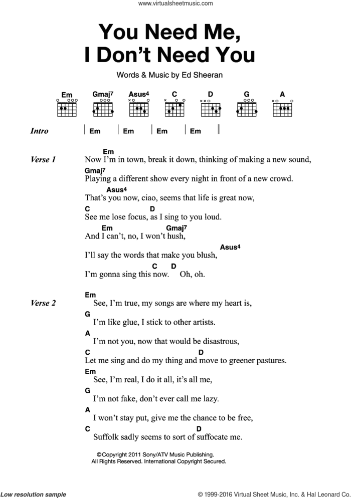 You Need Me I Don't Need You sheet music for guitar (chords) by Ed Sheeran, intermediate skill level