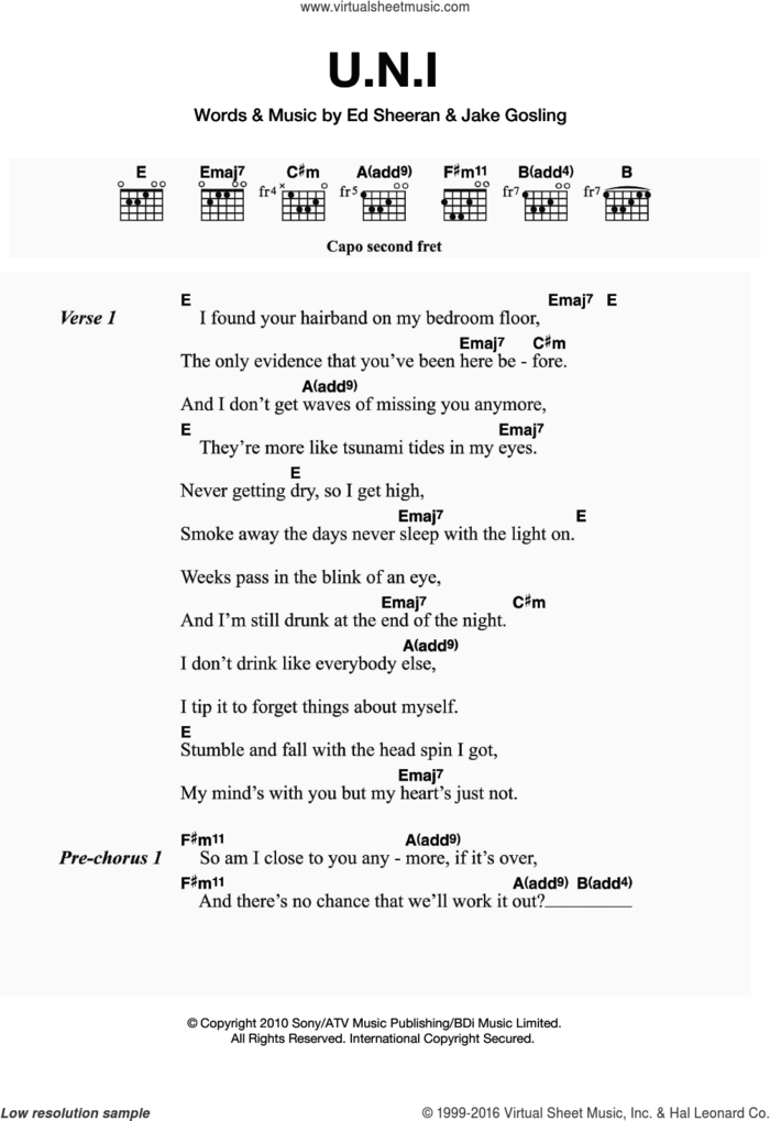 U.N.I sheet music for guitar (chords) by Ed Sheeran and Jake Gosling, intermediate skill level