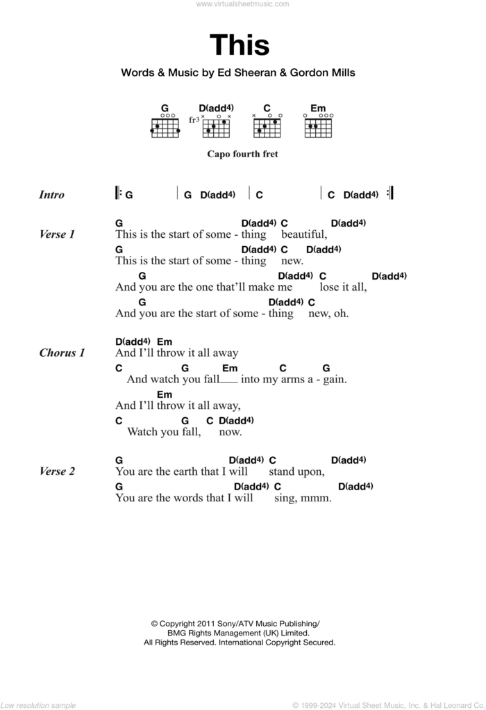 This sheet music for guitar (chords) by Ed Sheeran and Gordon Mills, intermediate skill level