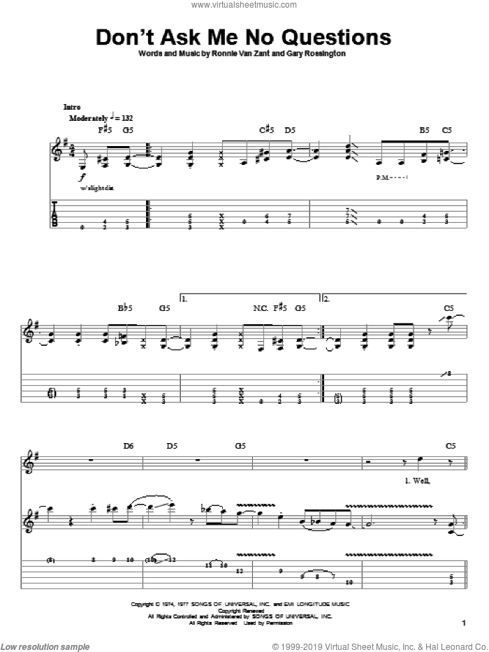 Don't Ask Me No Questions sheet music for guitar (tablature, play-along) by Lynyrd Skynyrd, Gary Rossington and Ronnie Van Zant, intermediate skill level