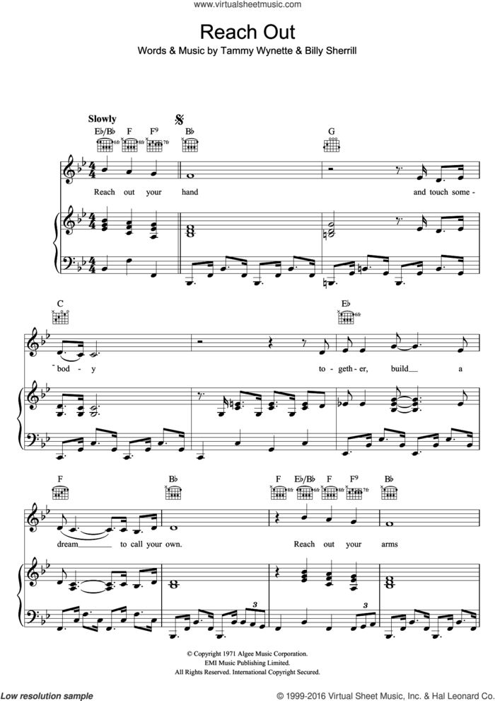 Reach Out Your Hand sheet music for voice, piano or guitar by Tammy Wynette and Billy Sherrill, intermediate skill level